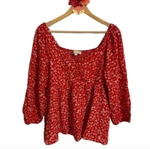 LOFT blouse red white heart smocked 3/4 sleeve sweetheart neckline top size 12